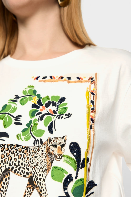 Marc Cain Off-White Cotton Short Sleeve T-shirt with Leopard Motif