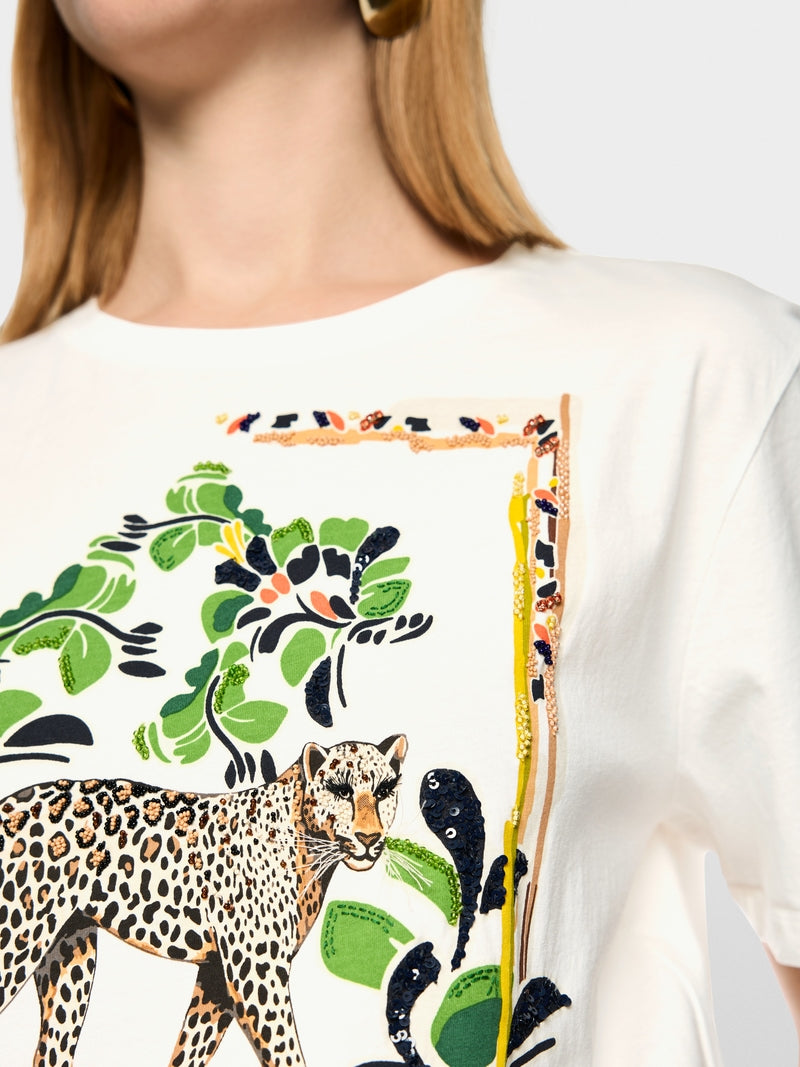 Marc Cain Off-White Cotton Short Sleeve T-shirt with Leopard Motif
