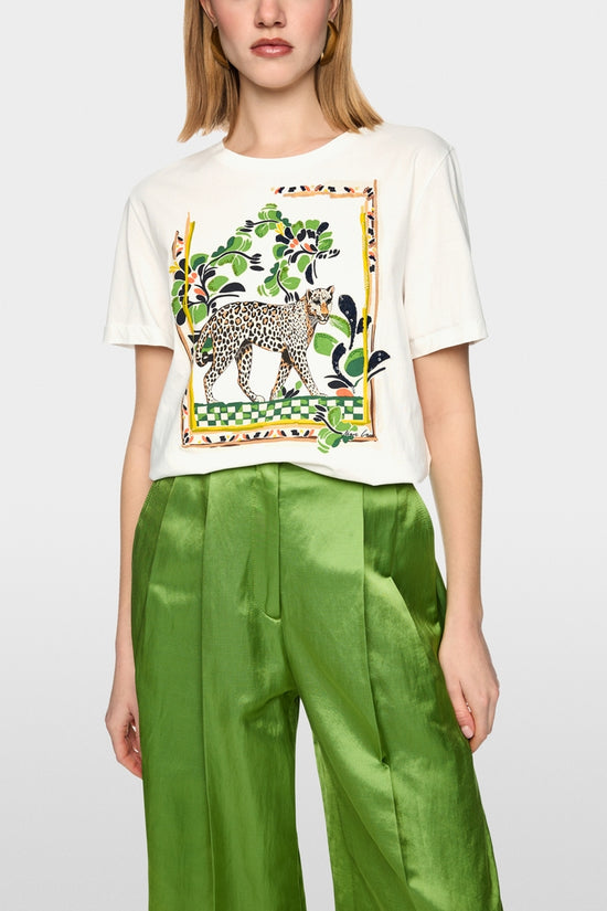 Marc Cain Off-White Cotton Short Sleeve T-shirt with Leopard Motif