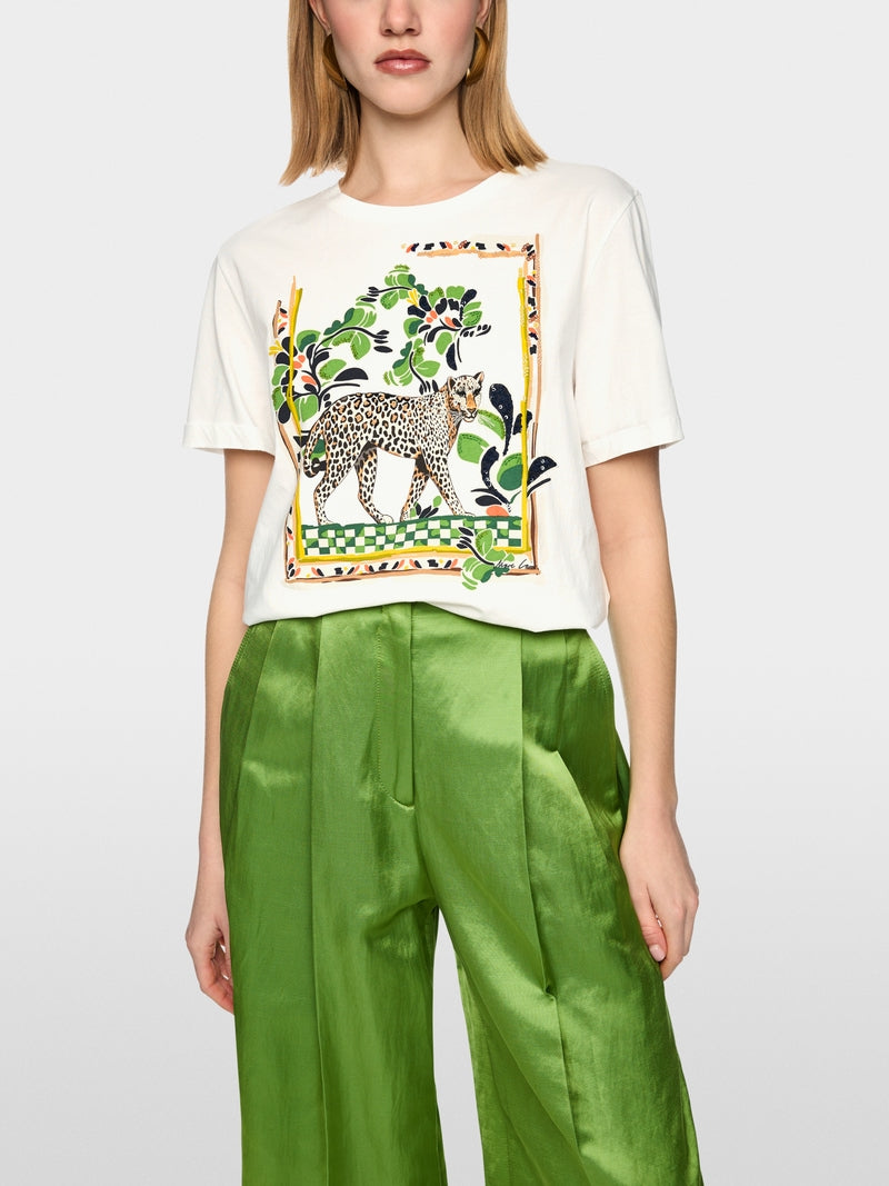 Marc Cain Off-White Cotton Short Sleeve T-shirt with Leopard Motif