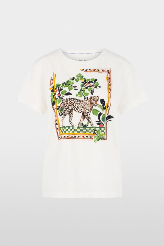 Marc Cain Off-White Cotton Short Sleeve T-shirt with Leopard Motif