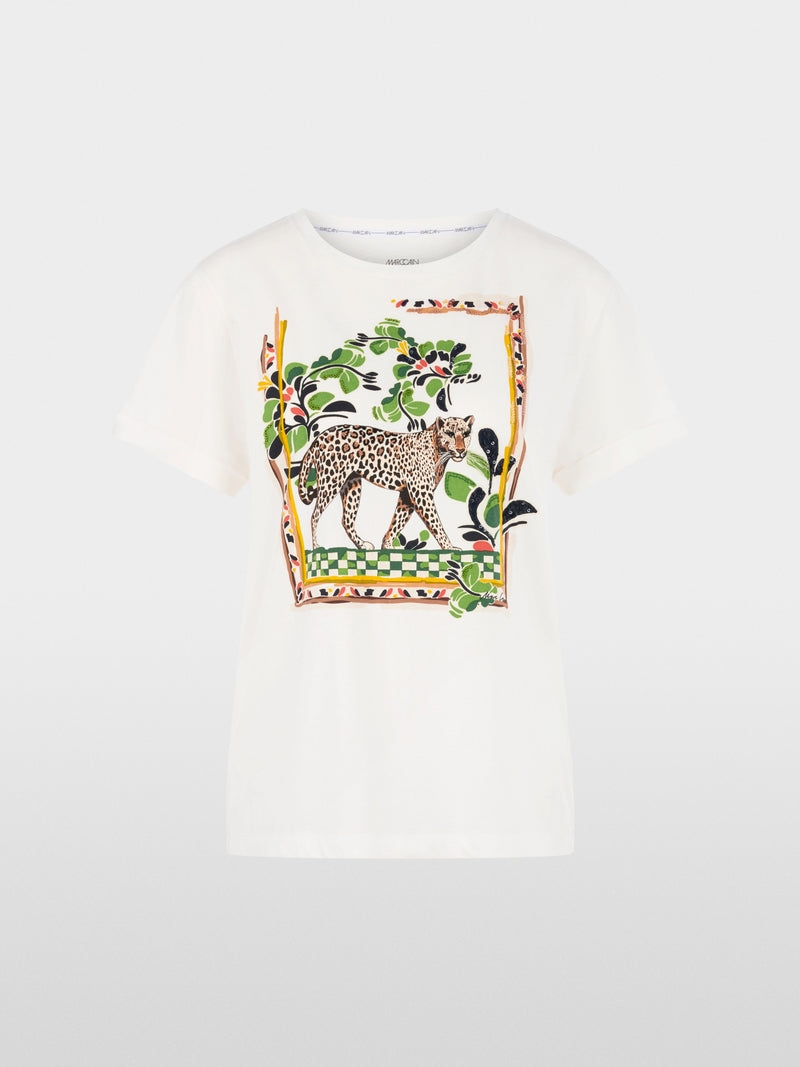 Marc Cain Off-White Cotton Short Sleeve T-shirt with Leopard Motif