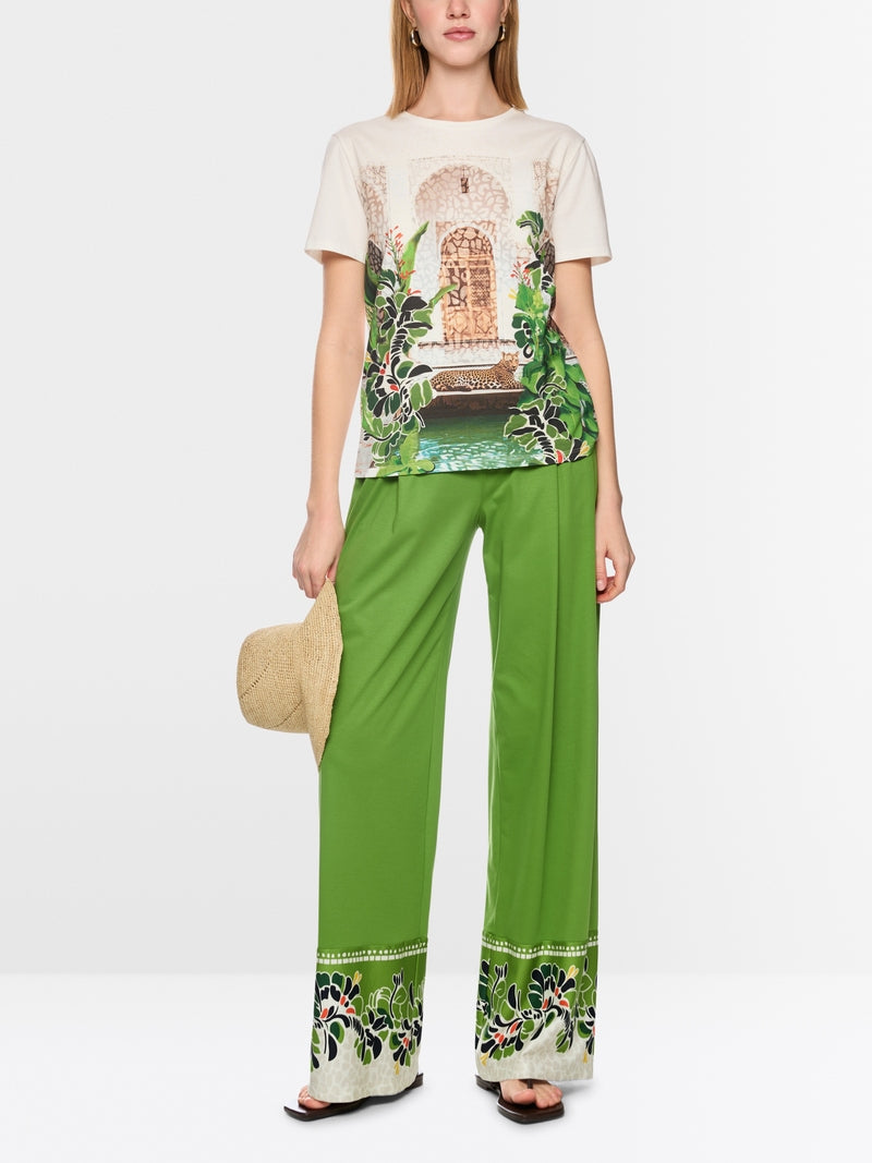 Marc Cain Off White Crew Neck T-Shirt with Placed Leopard Motif