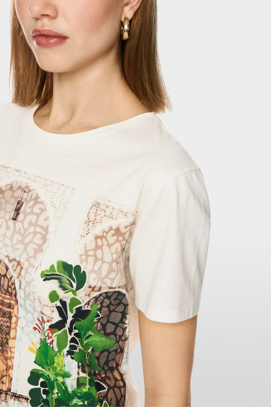 Marc Cain Off White Crew Neck T-Shirt with Placed Leopard Motif