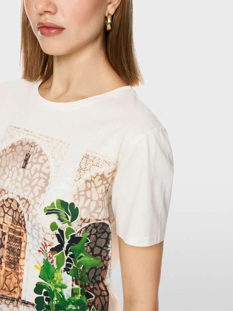 Marc Cain Off White Crew Neck T-Shirt with Placed Leopard Motif