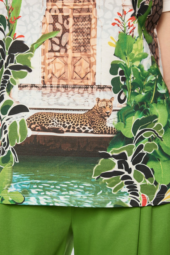 Marc Cain Off White Crew Neck T-Shirt with Placed Leopard Motif