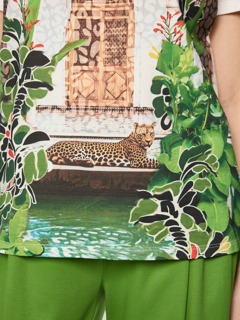 Marc Cain Off White Crew Neck T-Shirt with Placed Leopard Motif