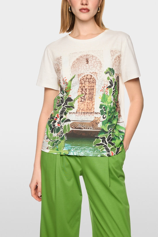 Marc Cain Off White Crew Neck T-Shirt with Placed Leopard Motif