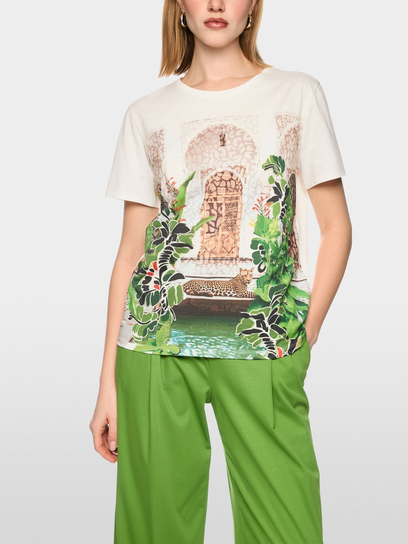 Marc Cain Off White Crew Neck T-Shirt with Placed Leopard Motif
