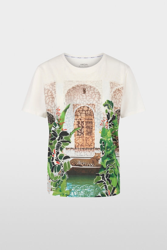 Marc Cain Off White Crew Neck T-Shirt with Placed Leopard Motif