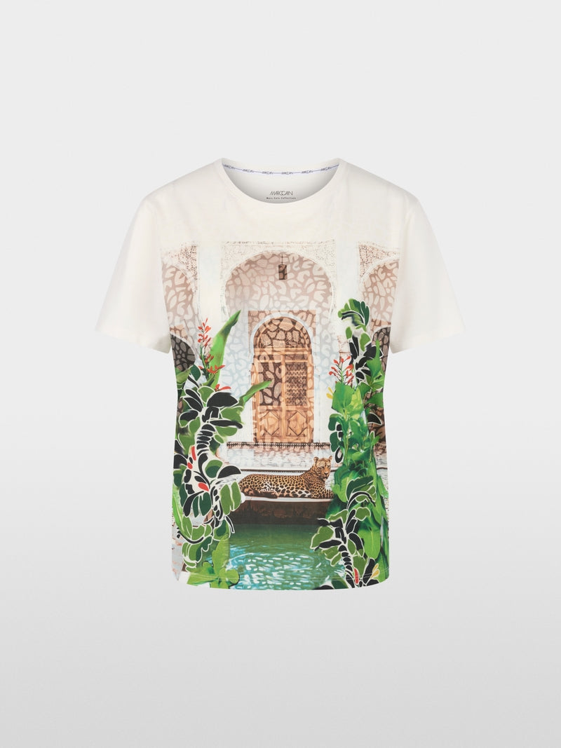 Marc Cain Off White Crew Neck T-Shirt with Placed Leopard Motif