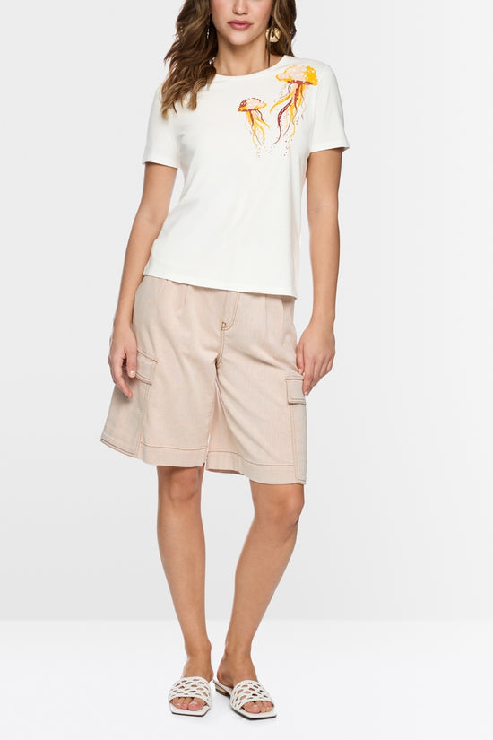 Marc Cain Off-White Cotton T-Shirt with Jellyfish Motif