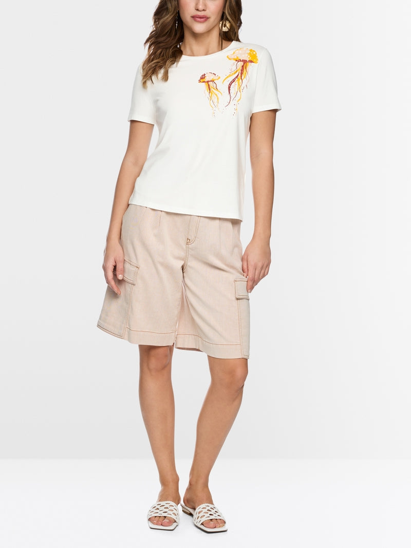 Marc Cain Off-White Cotton T-Shirt with Jellyfish Motif