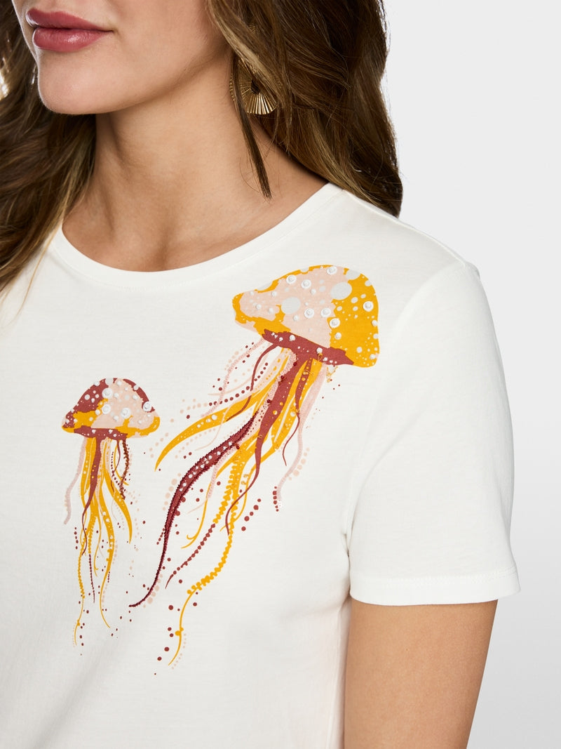 Marc Cain Off-White Cotton T-Shirt with Jellyfish Motif