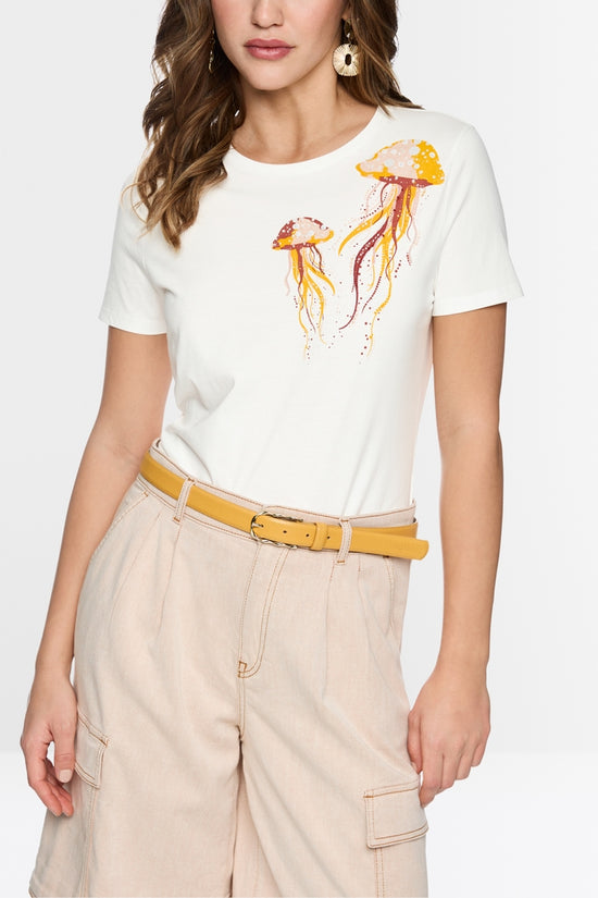 Marc Cain Off-White Cotton T-Shirt with Jellyfish Motif