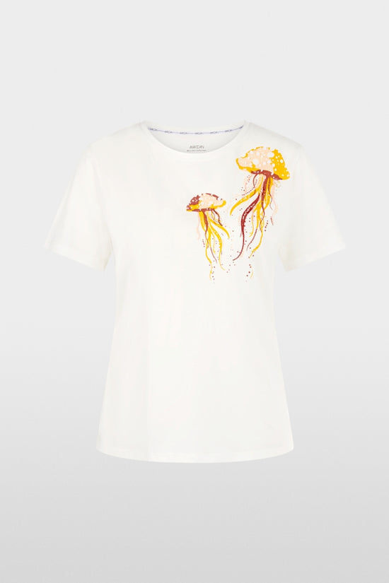 Marc Cain Off-White Cotton T-Shirt with Jellyfish Motif