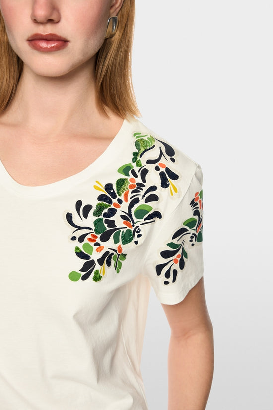 Marc Cain Off-White Hibiscus Floral Print Short Sleeve T-Shirt