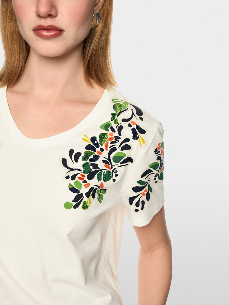 Marc Cain Off-White Hibiscus Floral Print Short Sleeve T-Shirt