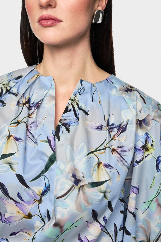 Marc Cain Blue Long Sleeve Blouses with Floral Lily Print