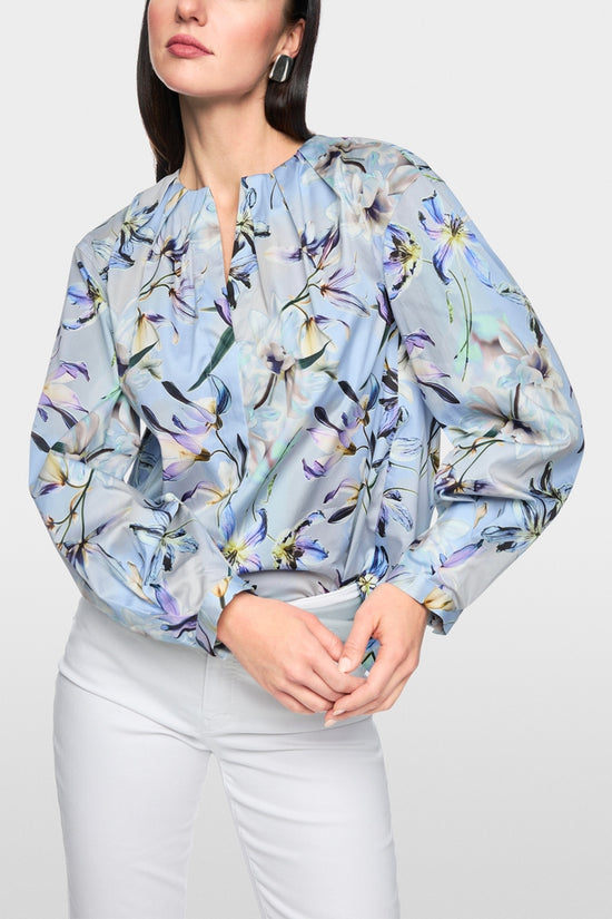Marc Cain Blue Long Sleeve Blouses with Floral Lily Print