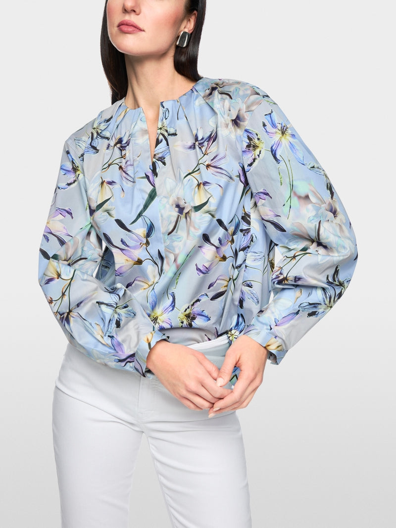 Marc Cain Blue Long Sleeve Blouses with Floral Lily Print