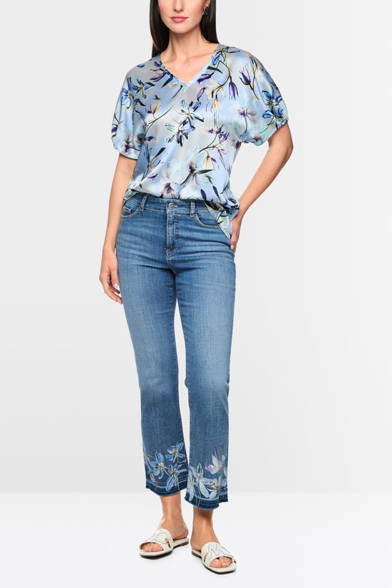 Marc Cain Blue Silk V neck Top with Lily Print