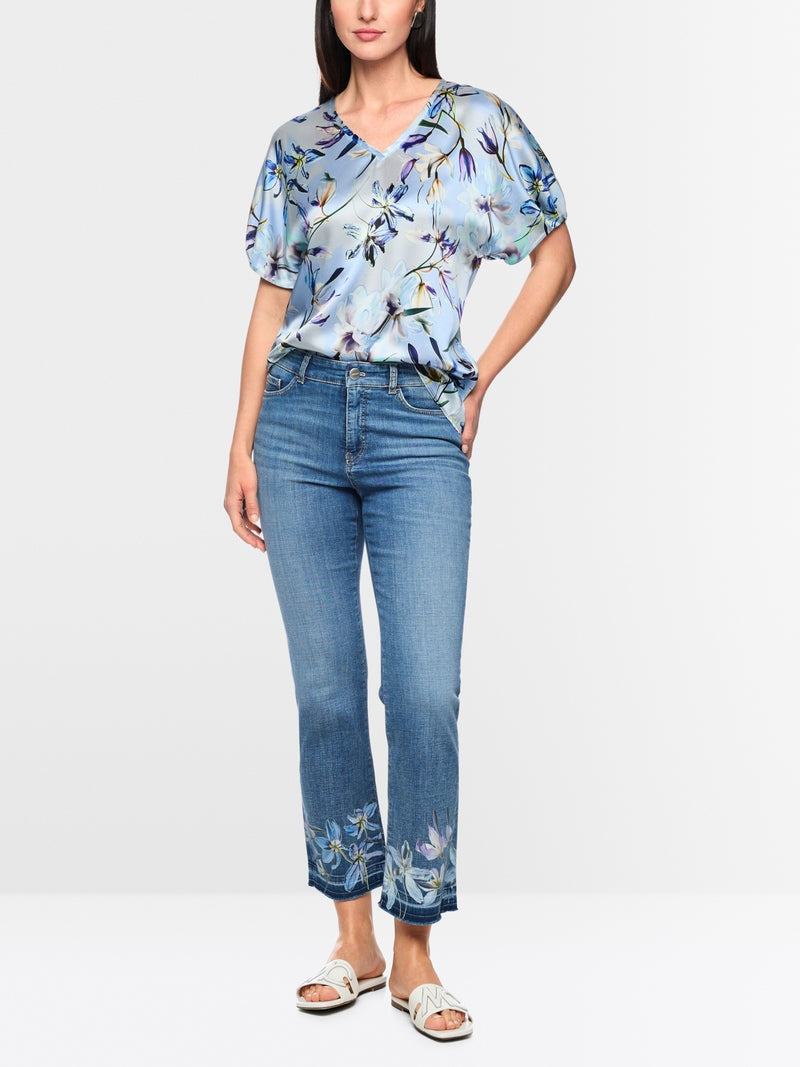 Marc Cain Blue Silk V neck Top with Lily Print