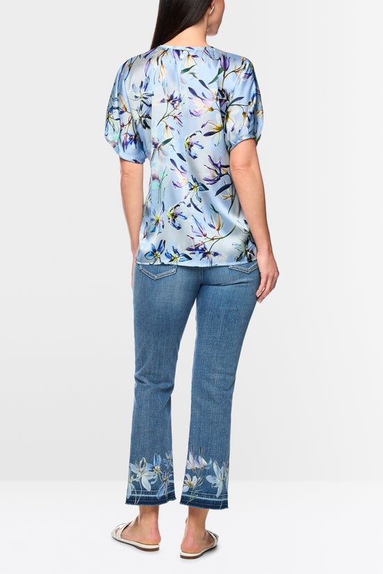 Marc Cain Blue Silk V neck Top with Lily Print