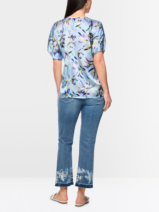 Marc Cain Blue Silk V neck Top with Lily Print