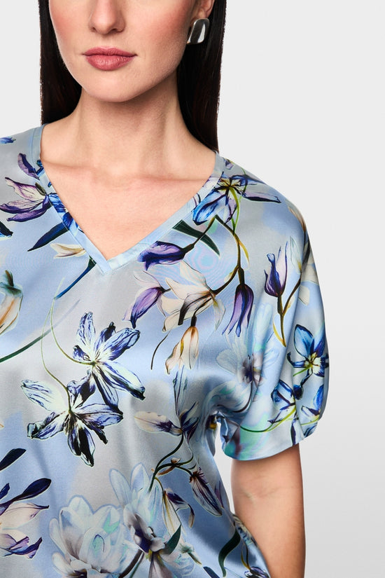 Marc Cain Blue Silk V neck Top with Lily Print