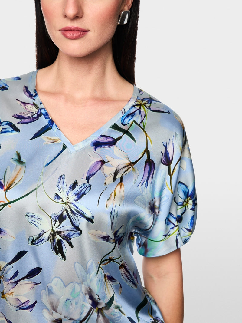 Marc Cain Blue Silk V neck Top with Lily Print