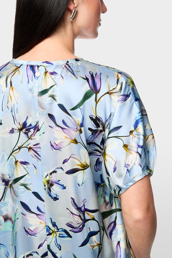 Marc Cain Blue Silk V neck Top with Lily Print