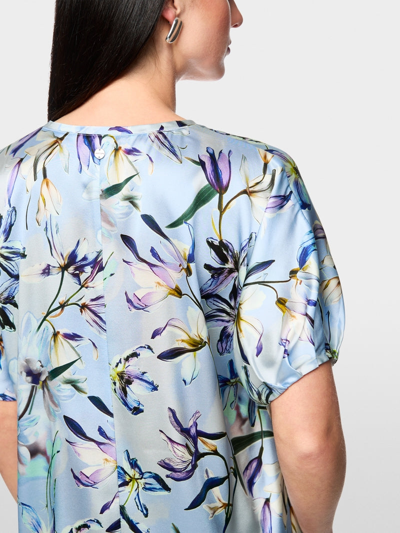 Marc Cain Blue Silk V neck Top with Lily Print