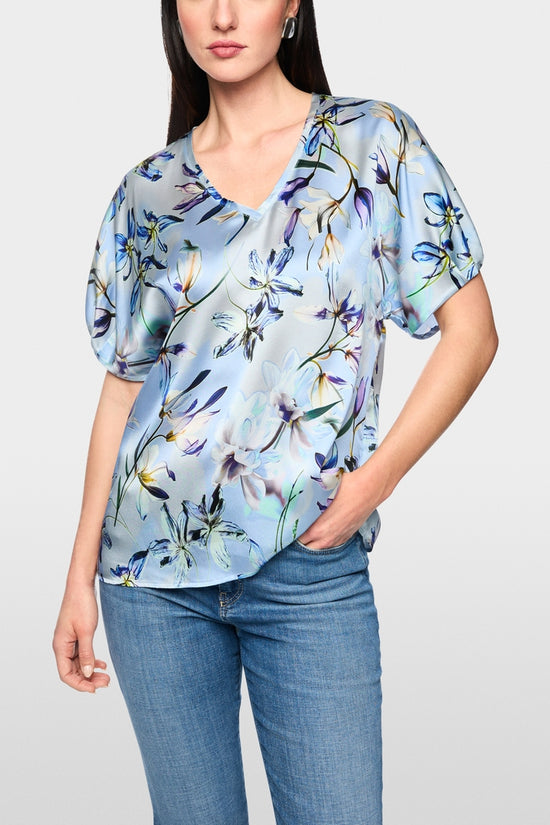 Marc Cain Blue Silk V neck Top with Lily Print