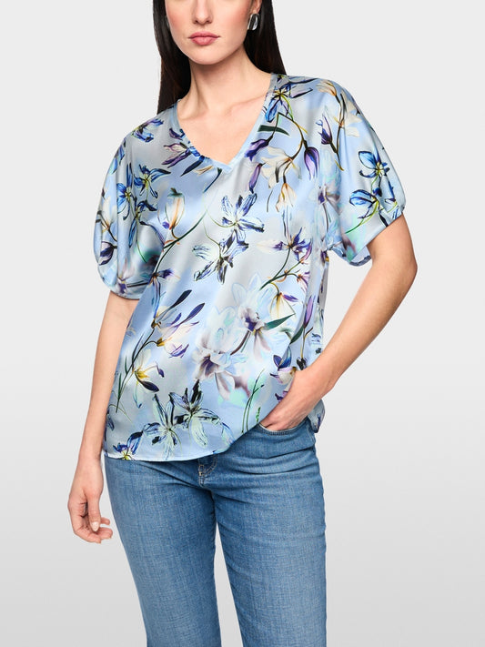 Marc Cain Blue Silk V neck Top with Lily Print