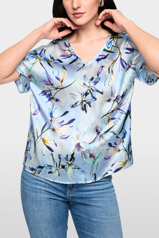 Marc Cain Blue Silk V neck Top with Lily Print