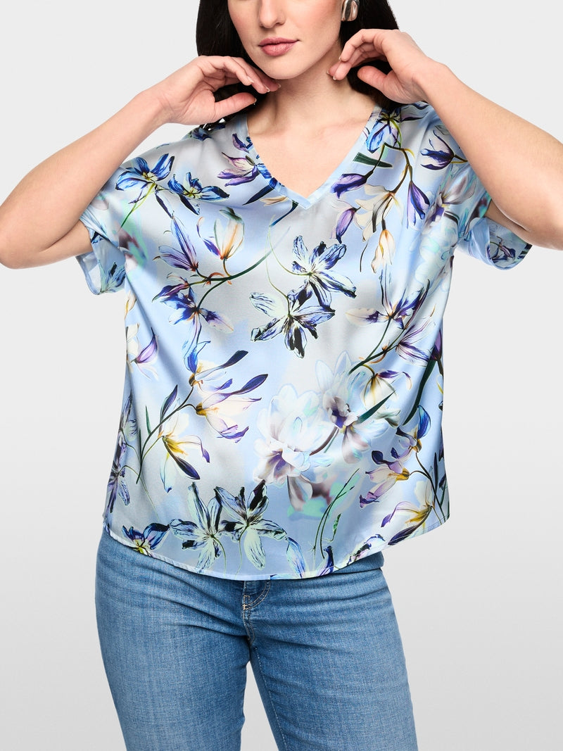Marc Cain Blue Silk V neck Top with Lily Print
