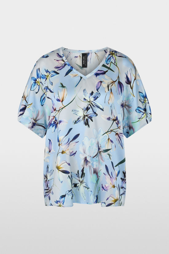 Marc Cain Blue Silk V neck Top with Lily Print