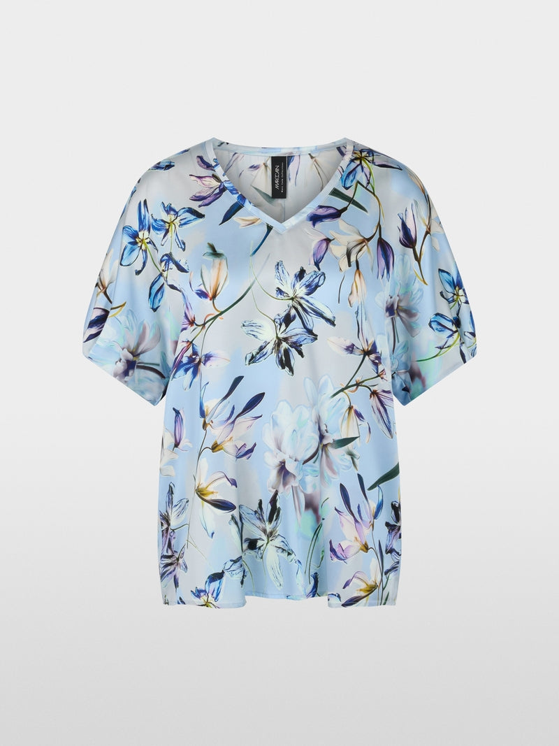 Marc Cain Blue Silk V neck Top with Lily Print