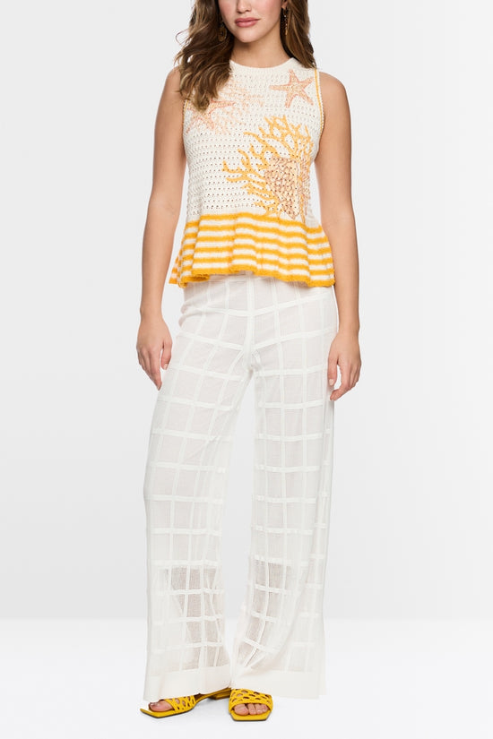Marc Cain Off-White Shell Motif and Stripe Sleeveless Knit Top