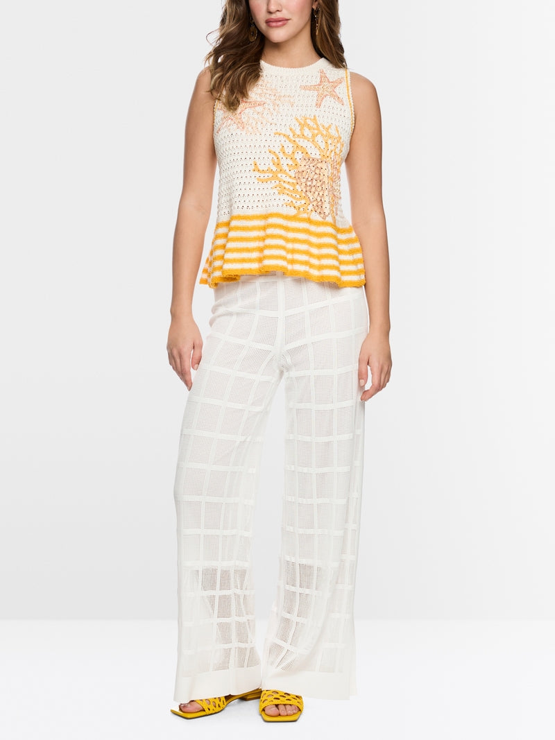 Marc Cain Off-White Shell Motif and Stripe Sleeveless Knit Top