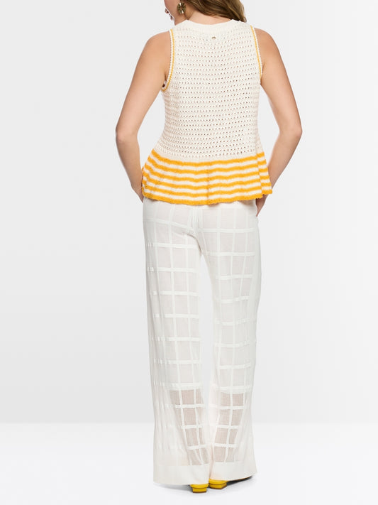 Marc Cain Off-White Shell Motif and Stripe Sleeveless Knit Top