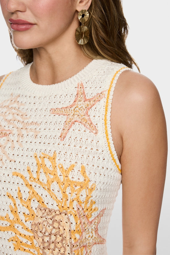 Marc Cain Off-White Shell Motif and Stripe Sleeveless Knit Top