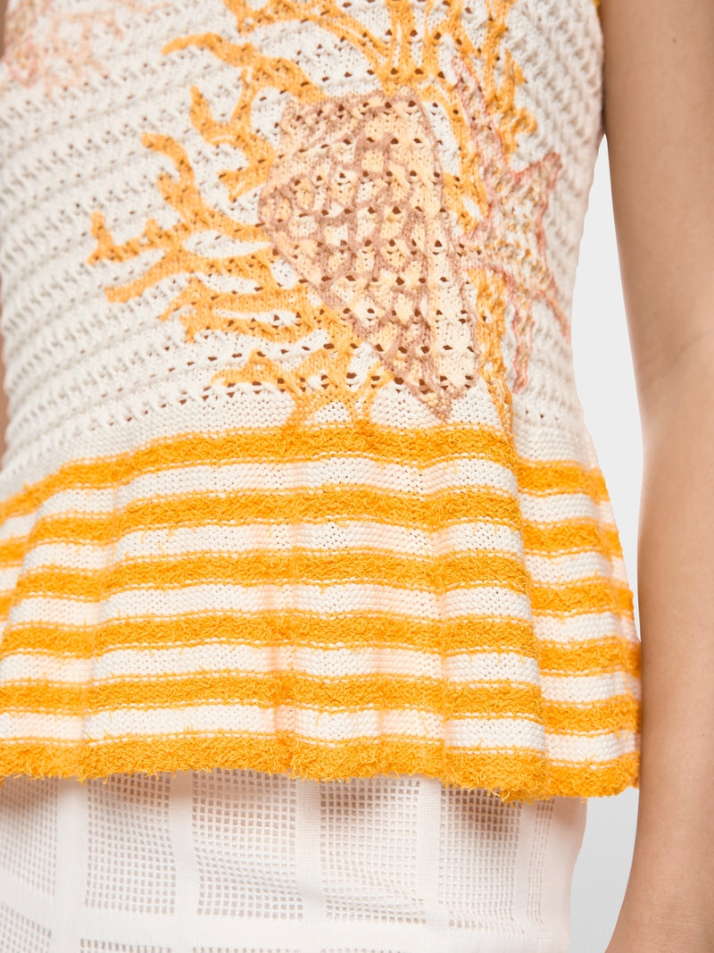Marc Cain Off-White Shell Motif and Stripe Sleeveless Knit Top