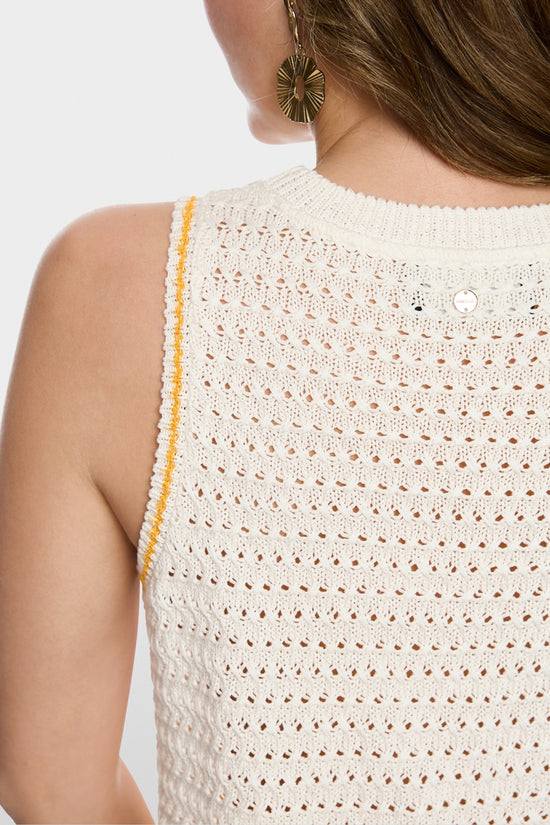 Marc Cain Off-White Shell Motif and Stripe Sleeveless Knit Top