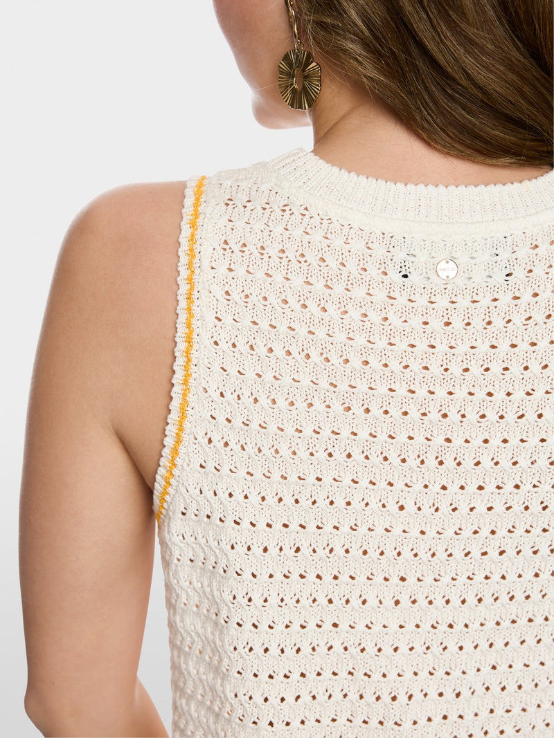 Marc Cain Off-White Shell Motif and Stripe Sleeveless Knit Top