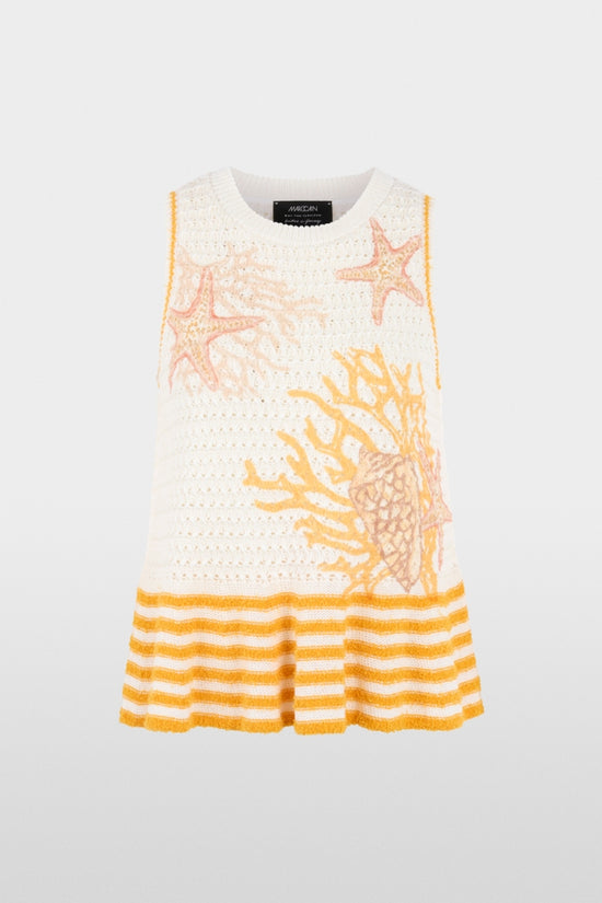 Marc Cain Off-White Shell Motif and Stripe Sleeveless Knit Top