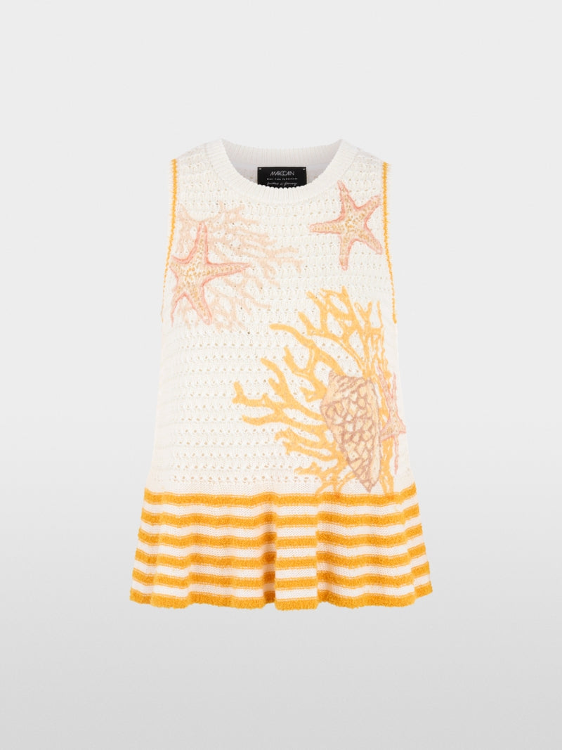Marc Cain Off-White Shell Motif and Stripe Sleeveless Knit Top