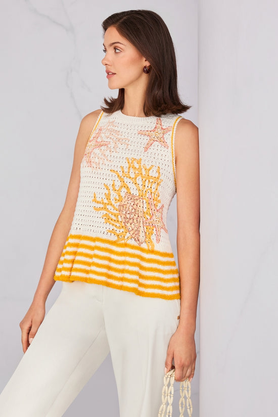 Marc Cain Off-White Shell Motif and Stripe Sleeveless Knit Top