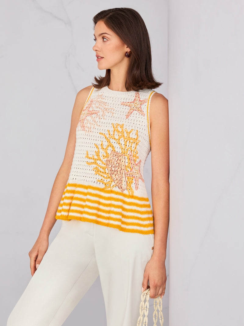 Marc Cain Off-White Shell Motif and Stripe Sleeveless Knit Top